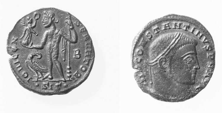 Koperen munt van Constantinus I (bron: Rijksmuseum van Oudheden)