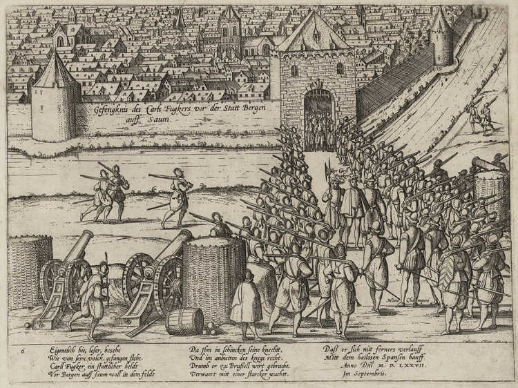 Gevangenname van Karl Fugger, commandant van de Duitse troepen, bij de Bospoort in 1577. Ets door Frans Hogenberg, omstreeks 1584. Collectie West-Brabants Archief.