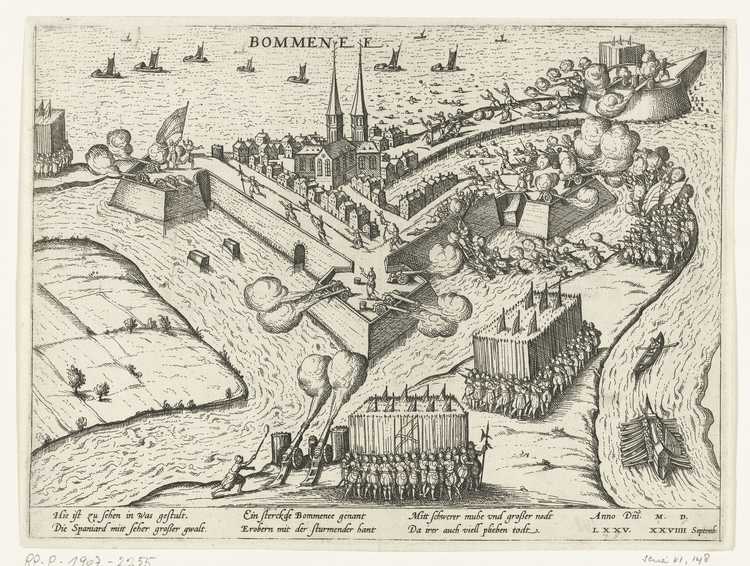 Beleg van Bommenede door Frans Hogenberg verbeeld tussen 1575 en 1577. (Bron: Rijksmuseum)