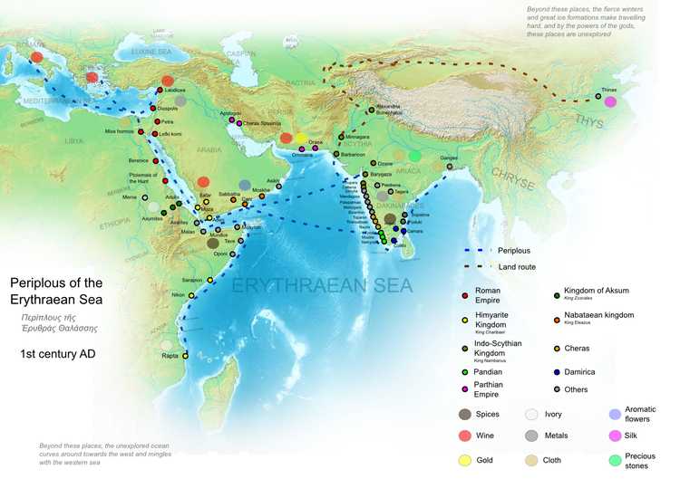 De Romeinse handel met India in de eerste eeuw. (Bron: George Tsiagalakis, 2014, Wikimedia Commons)