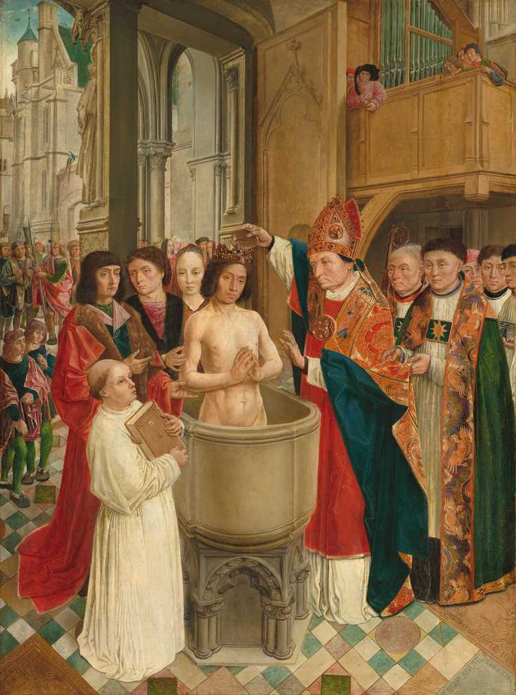 De doop van Clovis. (Bron: De meester van St. Giles, ca. 1500, National Galery of Art)