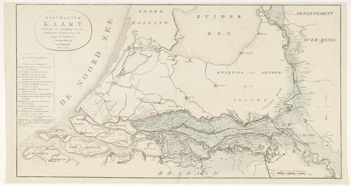 Kaart van Antoni Zürcher die laat zien hoe in  januari 1809 de grote rivieren uit hun oevers traden. (Bron: Rijksmuseum)