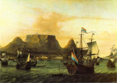 Zicht op de Tafelbaai door Aernout Smit. (Bron: 1683, Wiliam Fehr Collection Cape Town, Wikimedia Commons)