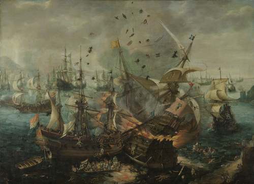 De slag bij Gibraltar. (Bron: Cornelis Claesz. van Wieringen, ca. 1621, Rijksmuseum)
