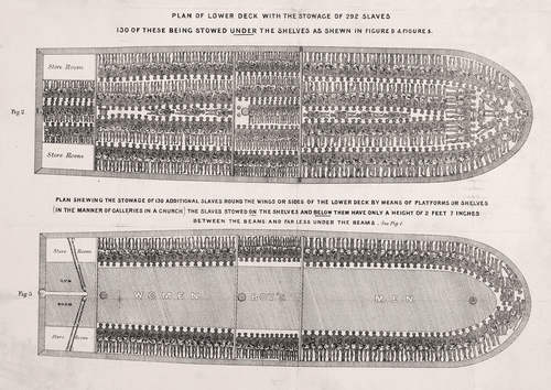 Detail uit poster Stowage of the British slave ship ‘Brookes’ under the Regulated Slave Trade (Bron: Plymouth Chapter of the Society for Effecting the Abolition of the Slave Trade, 1788, Library of Congress, Wikimedia Commons)