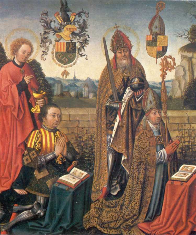 Jan III van Glymes en Hendrik van Bergen knieldend voor hun patroonheiligen. Paneel van een verloren gegaan huis- of reisaltaar, vervaardigd door een onbekende maker omstreeks 1480.. (Bron: Markiezenhof)