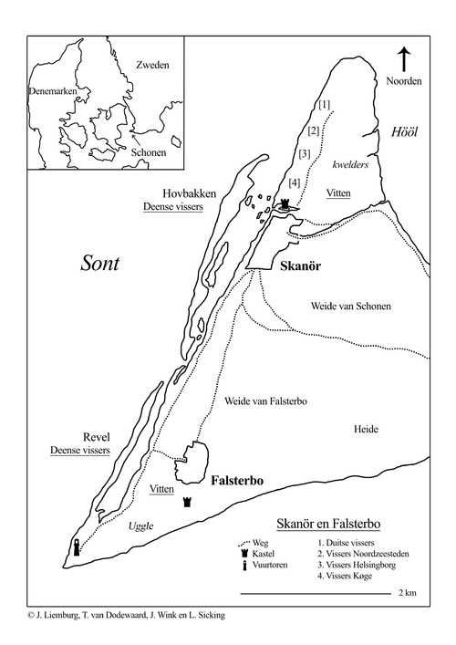 Een kaart van Schonen. (Bron: T. Liemburg, T. van Dodewaard, J. Wink en L. Sicking)