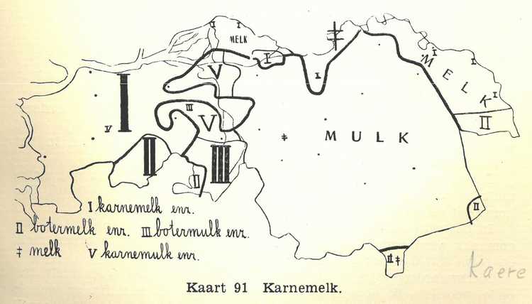 Op deze kaart uit het proefschrift van A. Weijnen is de grens tussen West-Brabant en de rest van Brabant te zien in het woord voor 'karnemelk' (Bron: A. Weijnen, 1937)