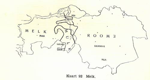 Op deze kaart uit het proefschrift van A. Weijnen is de grens tussen West-Brabant en de rest van Brabant te zien in het woord voor 'melk'. (Bron: A. Weijnen, 1937)