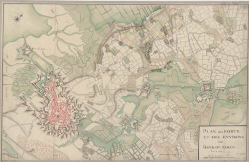 Een Franse kaart uit 1748 met daarop Bergen op Zoom en de Linie naar Steenbergen, beiden versterkt naar ontwerp van Menno van Coehoorn (Bibliothèque nationale de France)