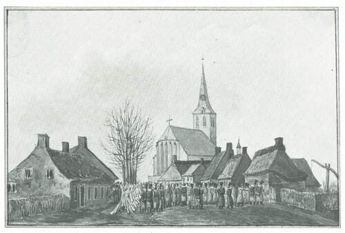 "Rust te Rijsberbergen of Luisbergen zoo als de Schutters dat Dorp, niet om de zindelykheid noemden. 22 febr. 1831. Wy maakten dien dag een Prommenade militaire uit het Cantonnement te Etten by Breda.” (Bron: Gevers van Endegeest).