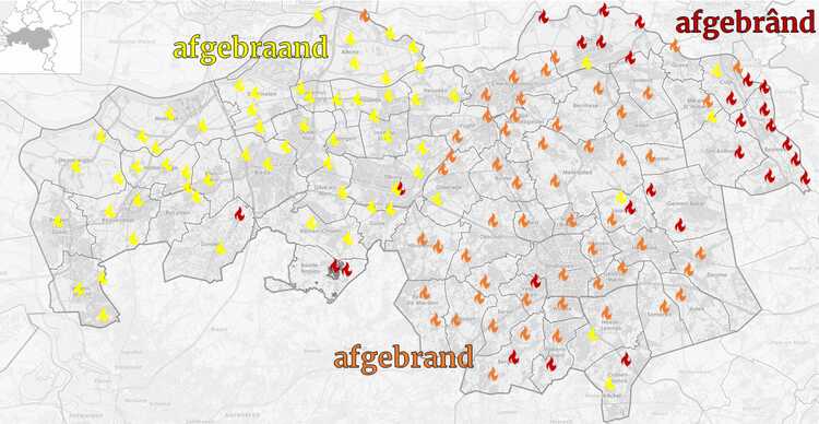 "Afgebrand" in de Noord-Brabantse dialecten. Deze kaart is voornamelijk gebaseerd op de kaart "Huis is afgebrand" in deel V en VII-X van de Reeks Nederlandse Dialectatlassen (Bron: Yoïn van Spijk, 2022, Jan Willem van Aalst / Wikimedia Commons 2017)